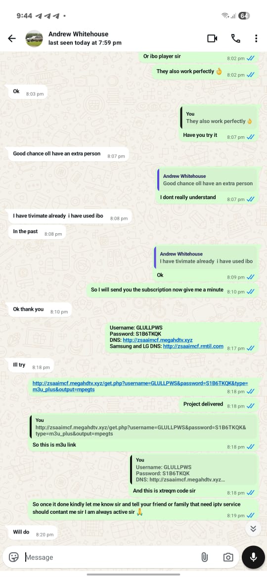 WhatsApp testimonial — IPTV subscription delivered — works perfectly