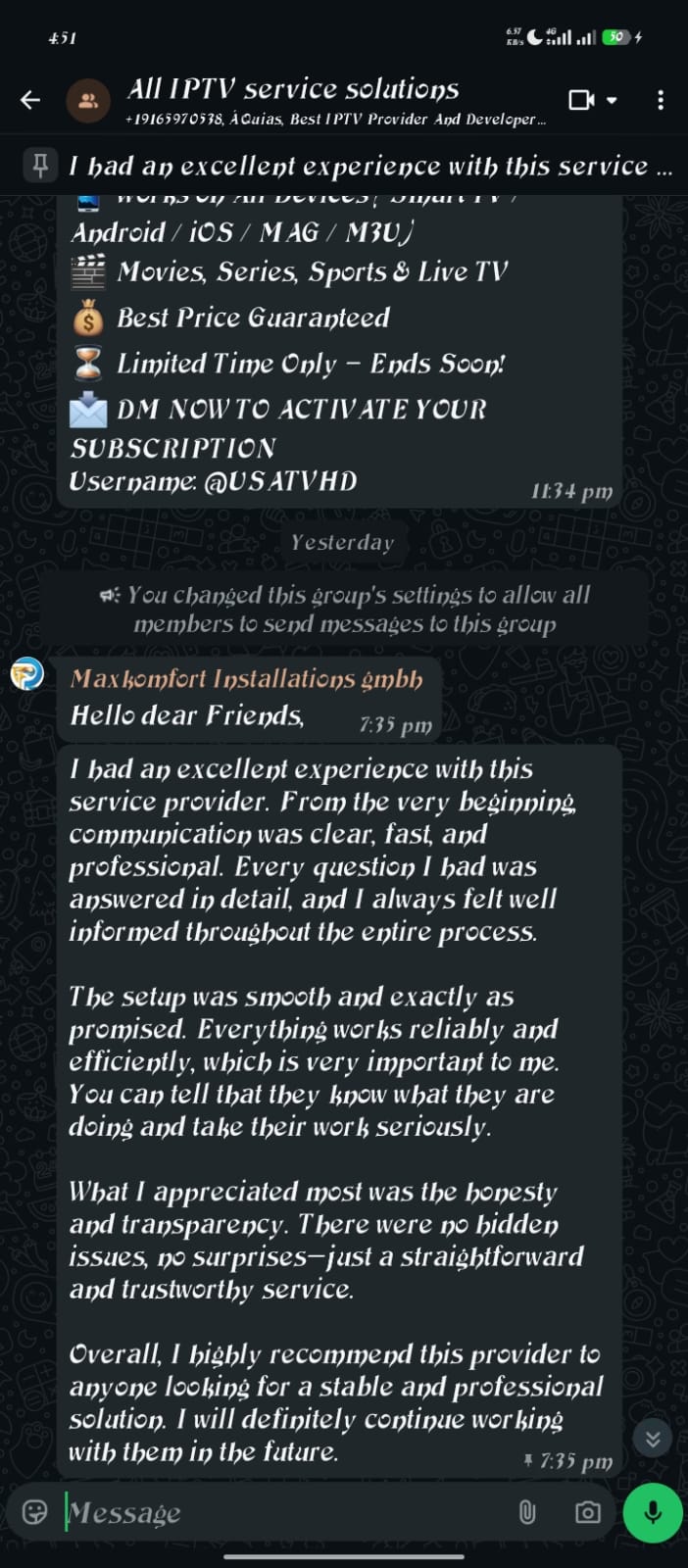 WhatsApp testimonial — Excellent review from happy IPTV customer
