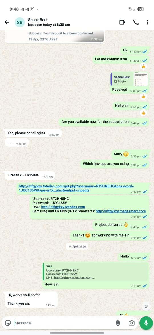 WhatsApp testimonial — Firestick + TiviMate setup, customer happy
