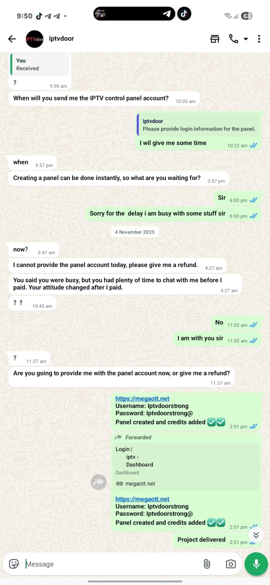 WhatsApp testimonial — IPTV control panel created and credits added
