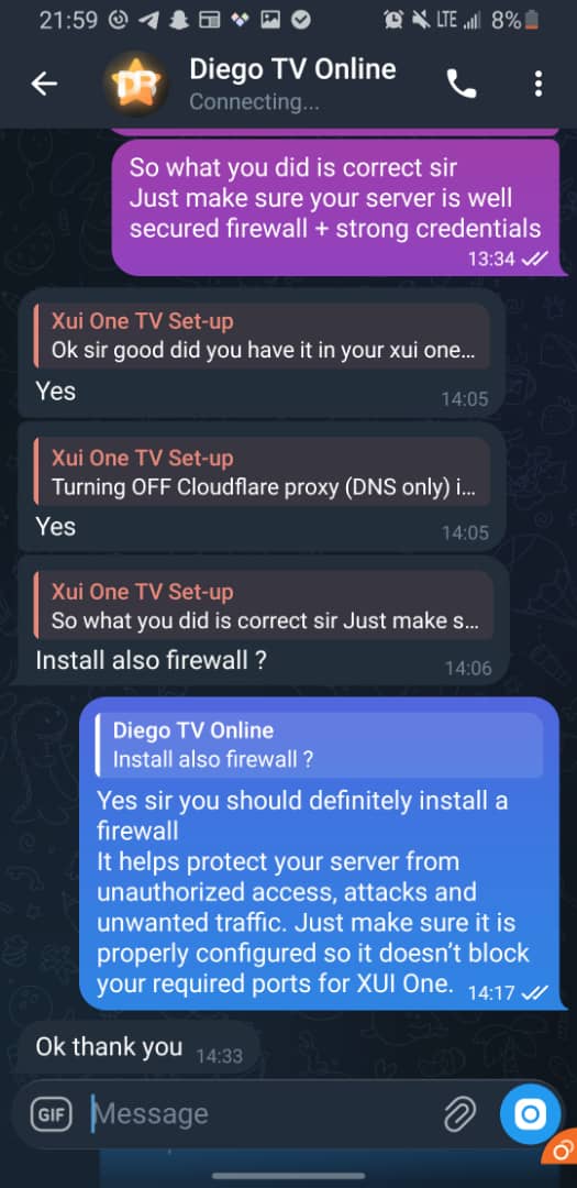 Telegram testimonial — XUI One server setup & firewall guidance
