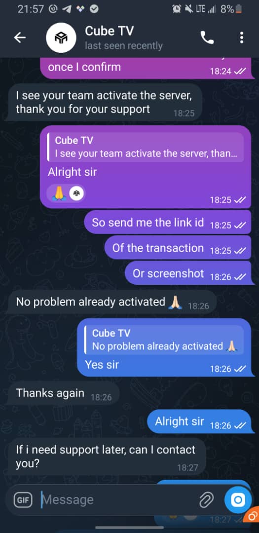 Telegram testimonial — Server activation confirmed — ongoing support