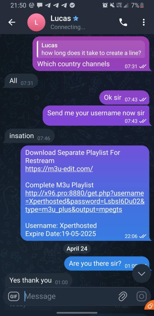 Telegram testimonial — Restream playlist delivered for reseller
