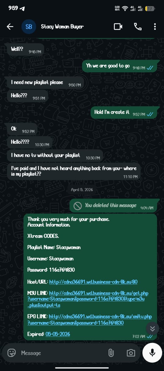 WhatsApp testimonial — Xtream codes account delivered to buyer
