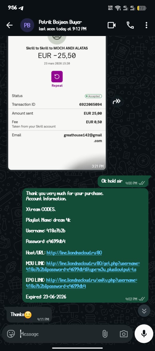 WhatsApp testimonial — Paid via Skrill — subscription delivered