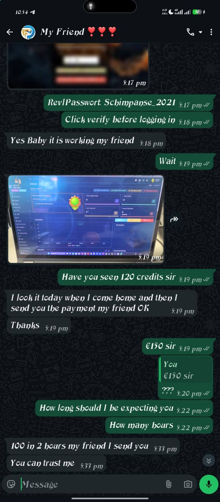 WhatsApp testimonial — 120 reseller credits delivered to friend